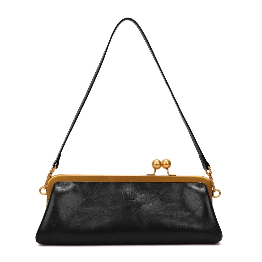 Bolsa Pequena Sof Preta Fecho Kiss Lock Alça de Ombro - vista 1 de 8