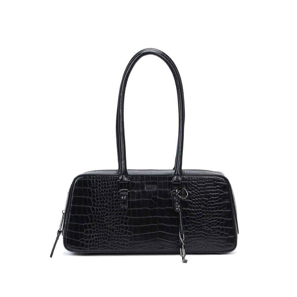 Bolsa Média Estruturada Croco Preto - vista 1 de 5