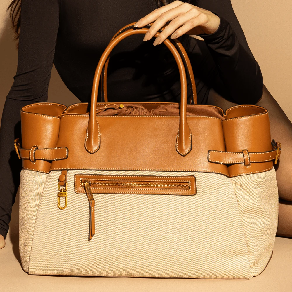 Bolsa Tote Grande Canvas Bege E Marrom Alça Dupla - vista 1 de 8