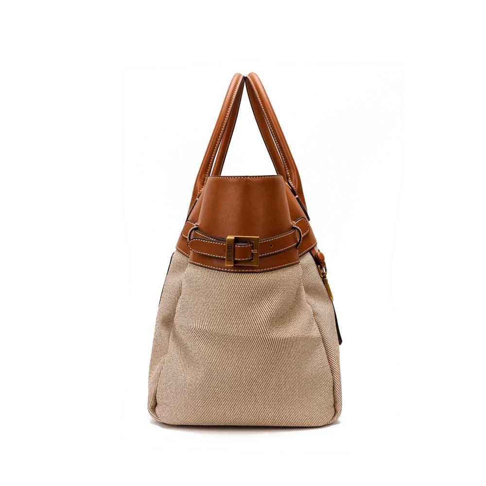 Bolsa Tote Grande Canvas Bege E Marrom Alça Dupla - vista 5 de 8