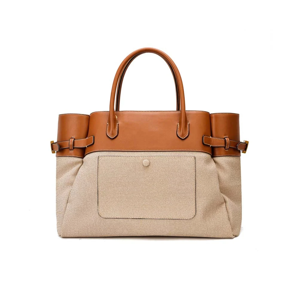 Bolsa Tote Grande Canvas Bege E Marrom Alça Dupla - vista 6 de 8