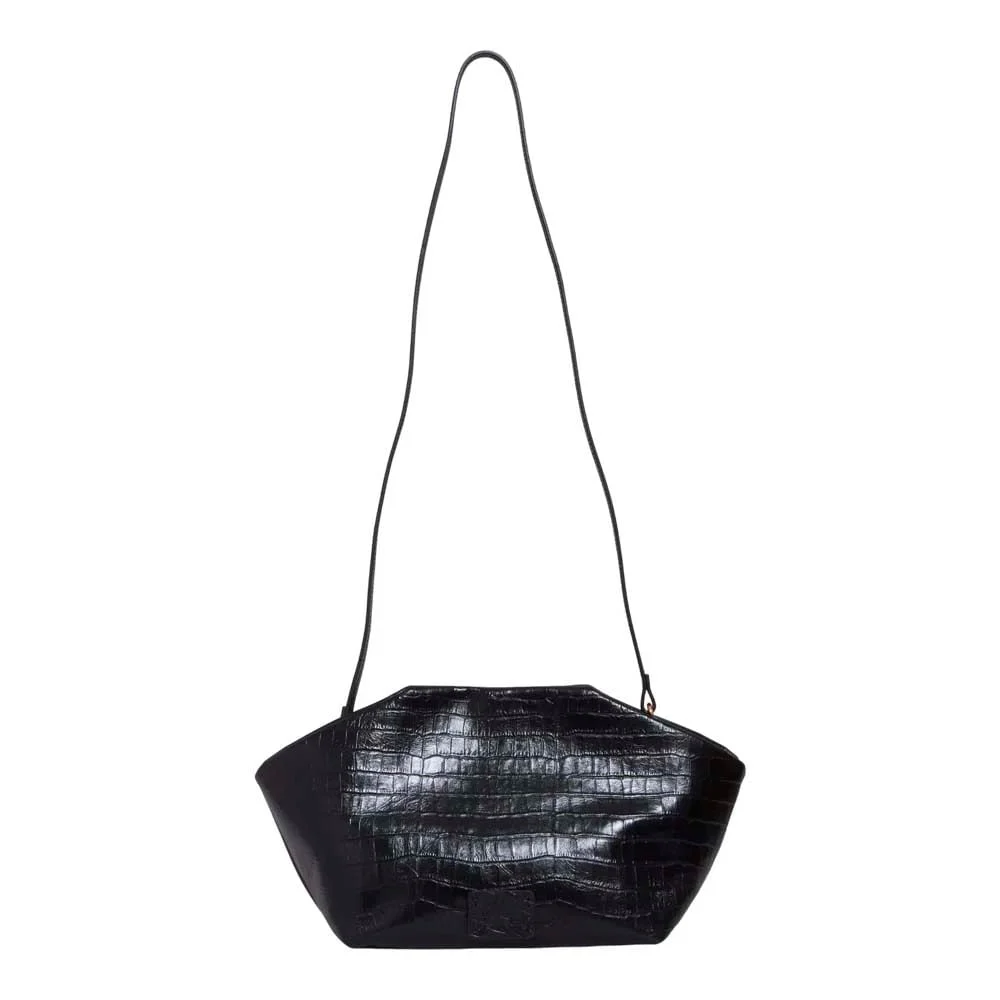 Bolsa Média Couro Croco Preto Alça Transversal - vista 1 de 3