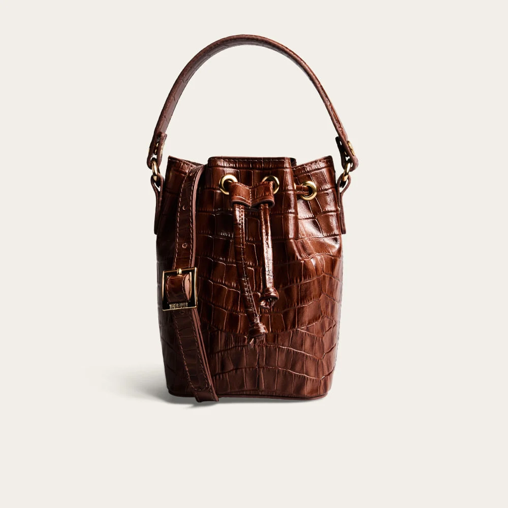 Bolsa Bucket Pequena Couro Croco Marrom Terracota - vista 1 de 3