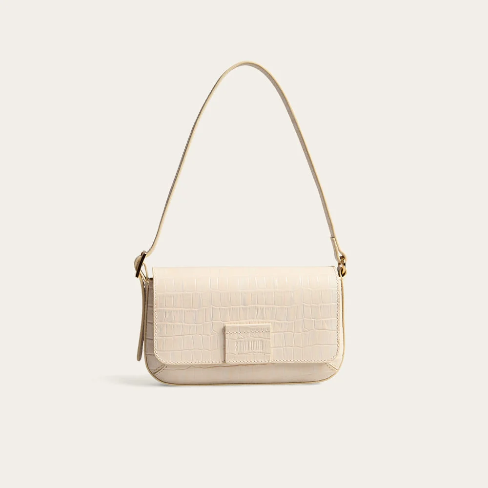 Bolsa Pequena Couro Croco Alça De Ombro Bege Marfim - vista 1 de 3