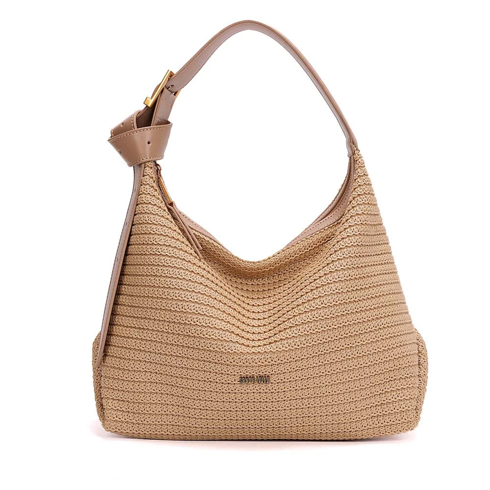 Bolsa Hobo Média Tramado Alça de Ombro Bege Areia - vista 1 de 7