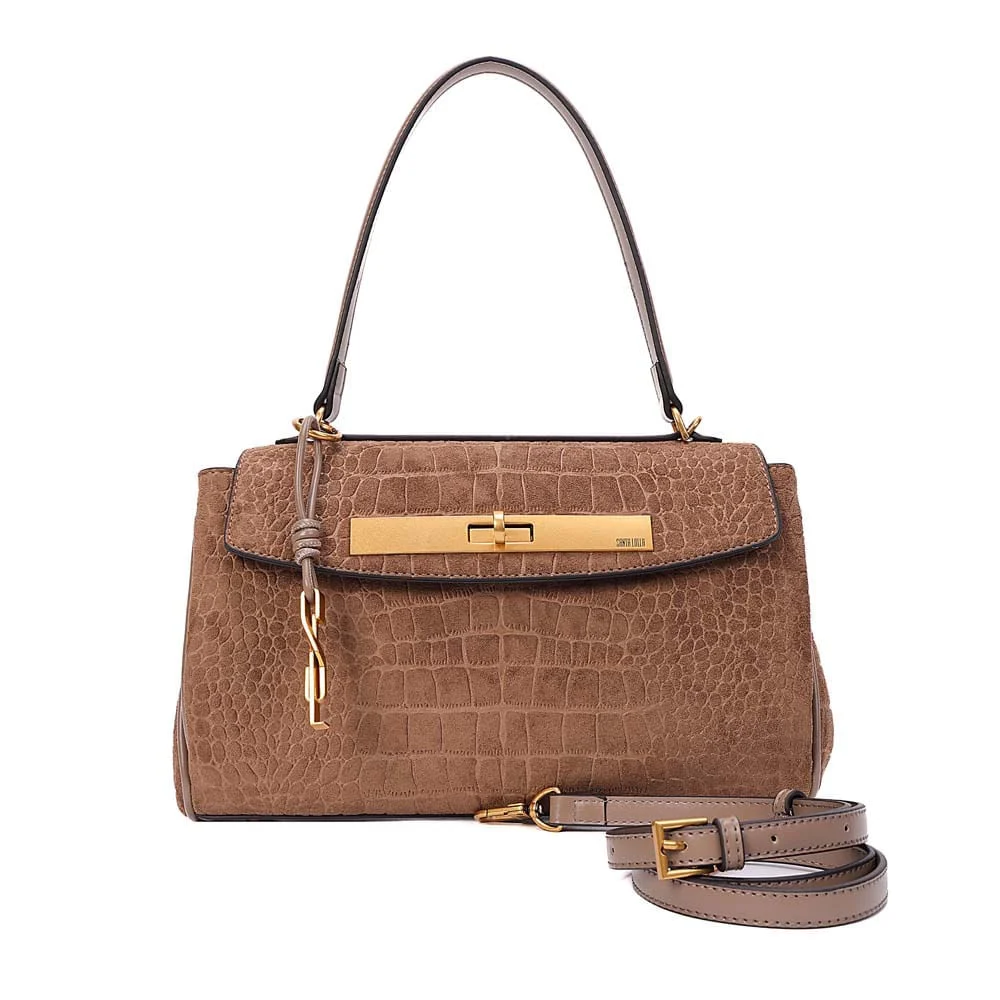 Bolsa Média Croco Nobuck Alça De Ombro Cinza Fog - vista 1 de 10