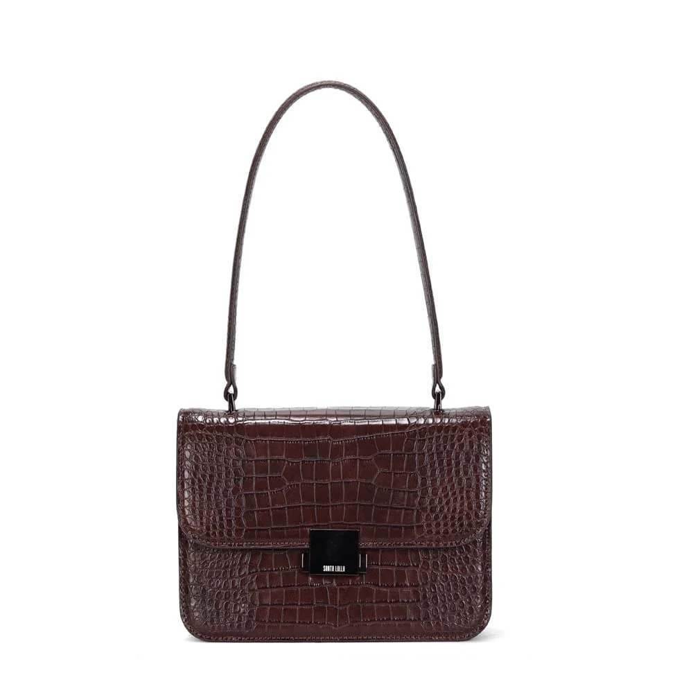 Bolsa Média Croco Marrom Dark Alça De Mão - vista 1 de 3