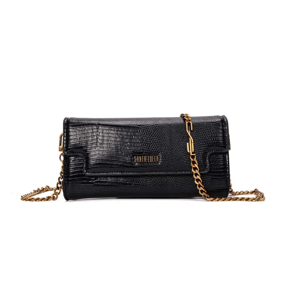 Bolsa Carteira Lizard Texturizado Preto Alça Corrente - vista 1 de 7