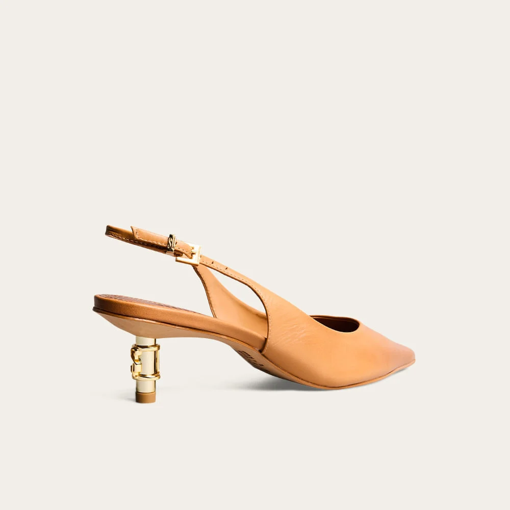Scarpin Slingback Couro Marrom Salto Baixo Metalizado - vista 2 de 4