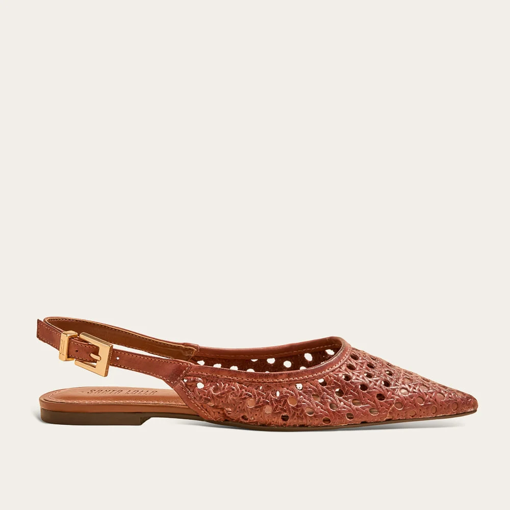 Sapatilha Slingback Couro Bico Fino Vazado Marrom - vista 1 de 2