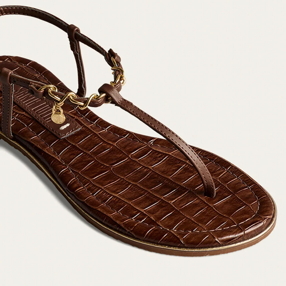 Rasteira Napa Croco Marrom Terra Corrente - vista 3 de 3
