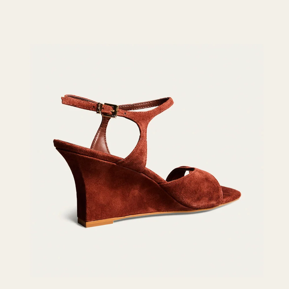 Sandália Anabela Couro Camurça Terracota Toe Ring - vista 2 de 4