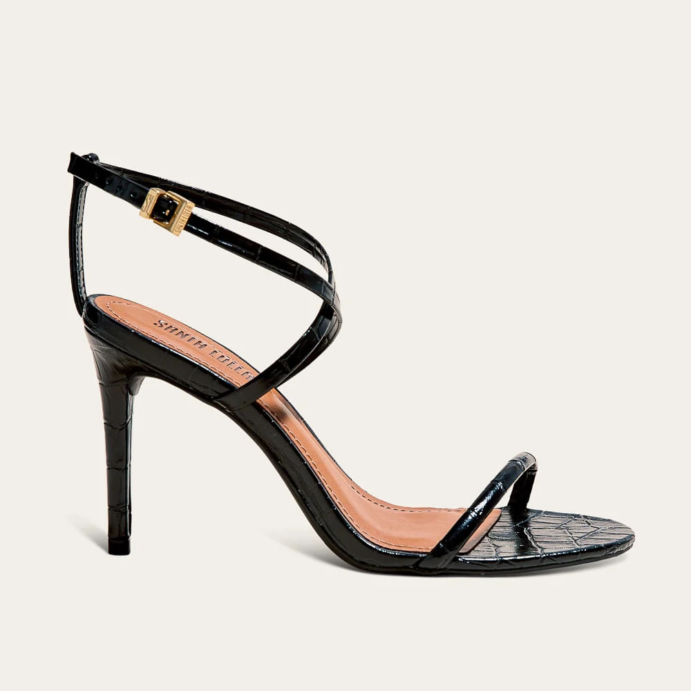 Sandália Croco Salto Fino Preto Tiras Cruzadas - vista 1 de 3