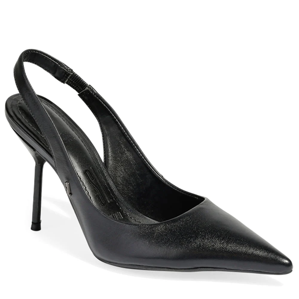 Sapato Scarpin Preto Couro Slingback Salto Fino - vista 2 de 3