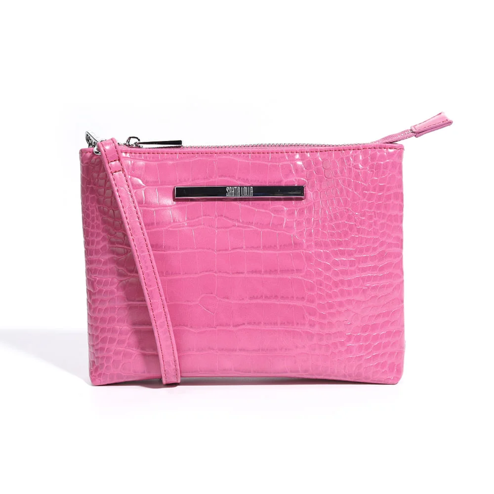 Bolsa Transversal Pink Croco Pequena Alça Fina - vista 1 de 3