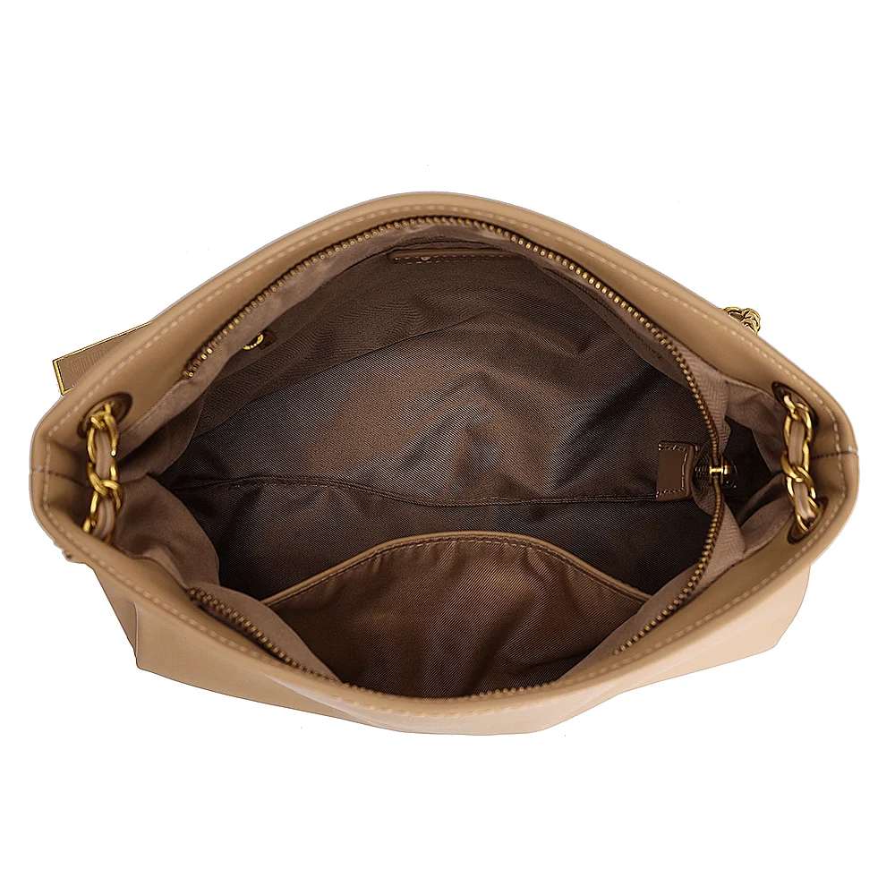 Bolsa Slouch Shopper Grande com Alça de Corrente com couro transpassado Bege - Linha Genuine Leather - vista 3 de 4