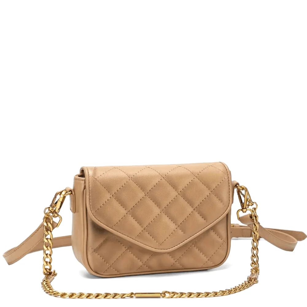 Bolsa Flap Bag Pequena com Alça Transversal de Couro Matelassê Bege - Linha Genuine Leather - vista 3 de 4