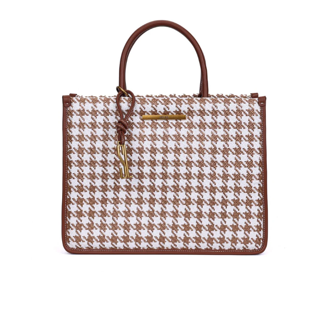 Bolsa Tote Tramada Marrom E Branco Estruturada Alça De Mão - vista 1 de 7