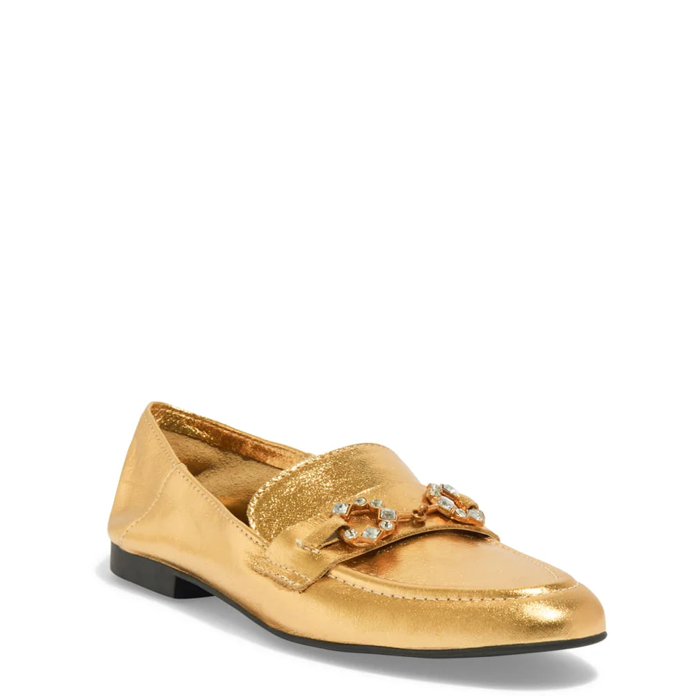 Mocassim Couro Cristal Dourado Bico Redondo - vista 2 de 4