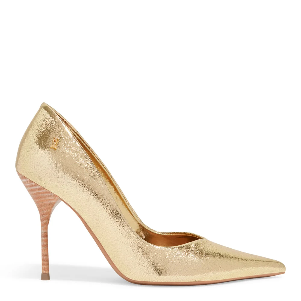 Scarpin One Dourado Couro Craquelê Salto Alto - vista 1 de 3