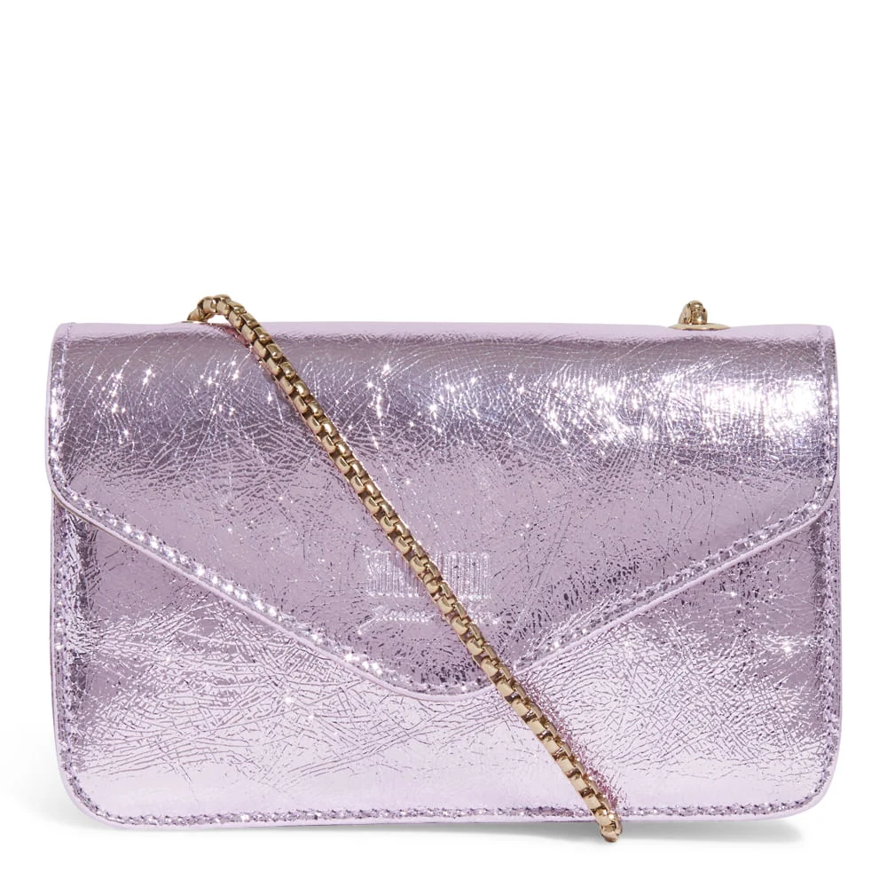 Bolsa Pequena Couro Craquele Alça Transversal Corrente Rosa Claro - vista 1 de 3