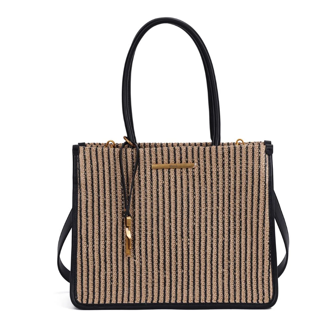Bolsa Tote Palha Tramado Preto E Branco Alça De Mão - vista 1 de 7
