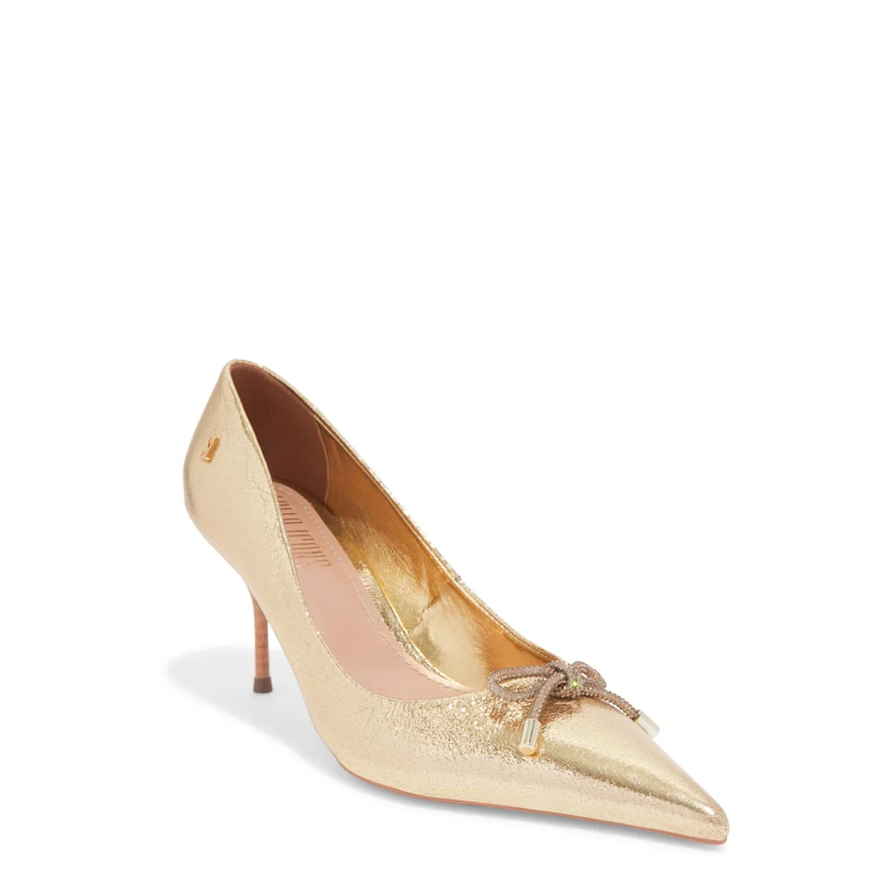 Scarpin Dourado Metalizado Couro Craquelê Bico Fino Laço - vista 2 de 4